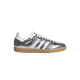 Adidas Samba OG Silver Metallic Cracked Leather – classic low-top unisex sneakers featuring silver metallic cracked leather upper for vintage distressed look, durable suede overlays, iconic gum rubber outsole providing excellent traction, breathable perforations, retro indoor soccer-inspired design ideal for casual wear and street style