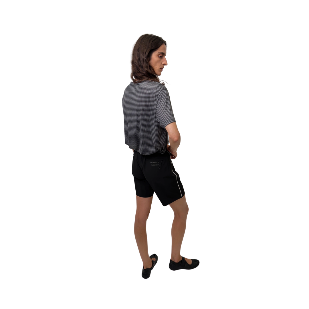 Optimistic Runners Plaid T-Shirt in Black with printed plaid pattern