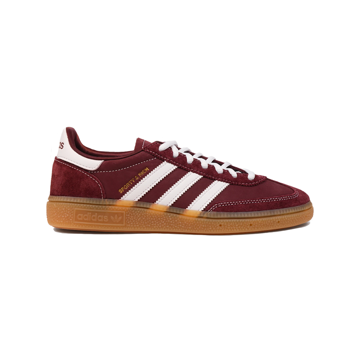Adidas Handball Spezial Sporty & Rich Shadow Red – vintage Adidas sneakers, Sporty & Rich collaboration, shadow red suede upper, retro handball-inspired silhouette