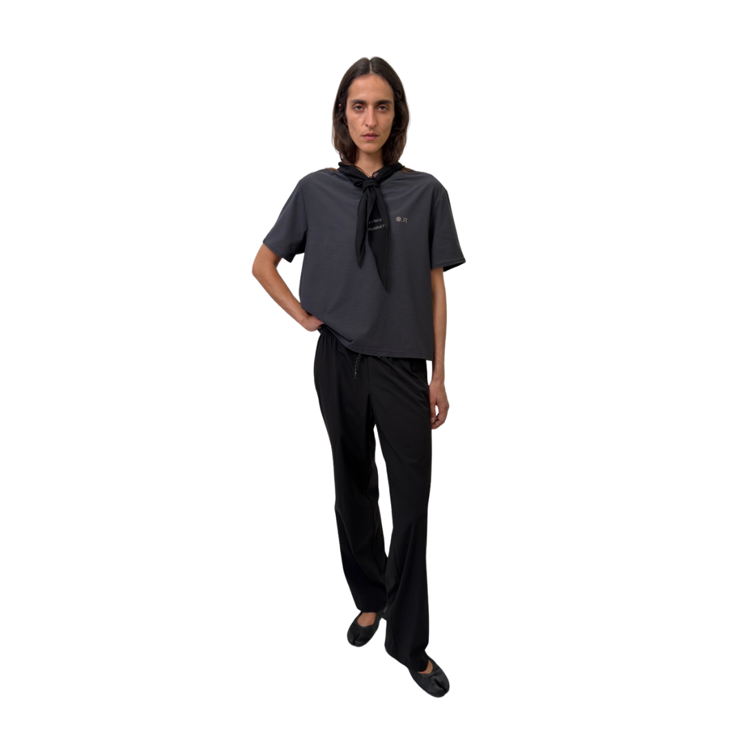 Optimistic Runners Ruffle T-Shirt in Black with textured striped fabric