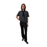 Optimistic Runners Ruffle T-Shirt in Black with textured striped fabric