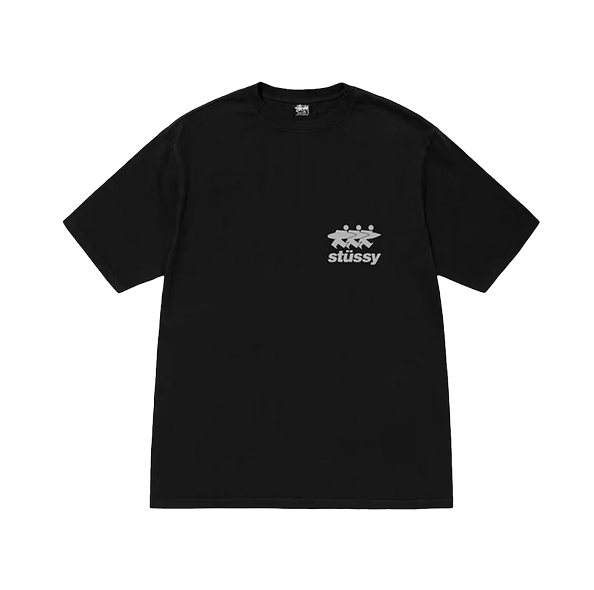 Stüssy Surfwalk Pigment Dyed T-Shirt Black – unisex black pigment-dyed cotton t-shirt, vintage wash effect, bold "Surfwalk" graphic print on chest, ribbed crew neck, short sleeves, soft breathable fabric, streetwear essential for casual and skate style