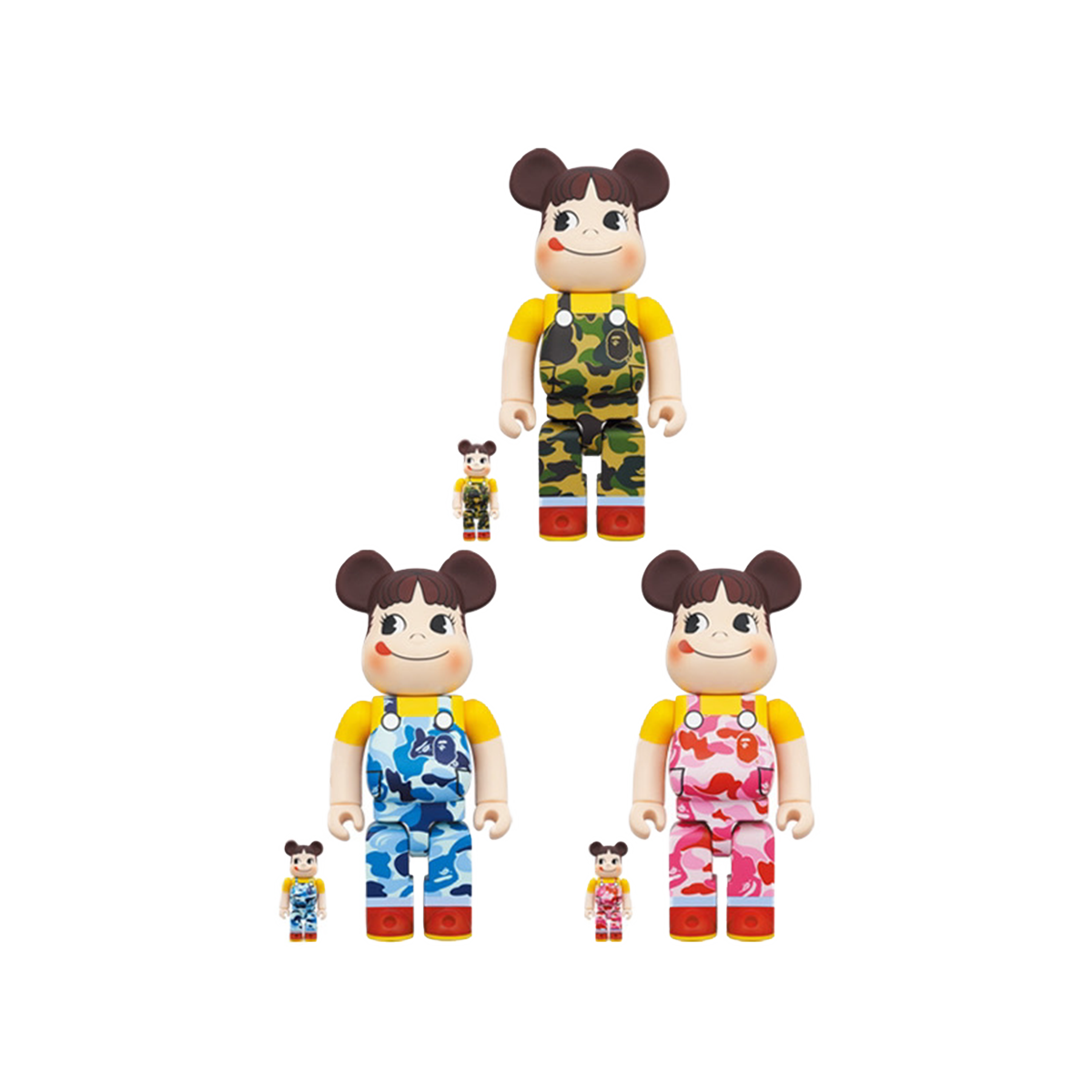 Bearbrick x BAPE Peko-chan 100% & 400% Set of 3 Green Camo/Pink Camo/Blue Camo