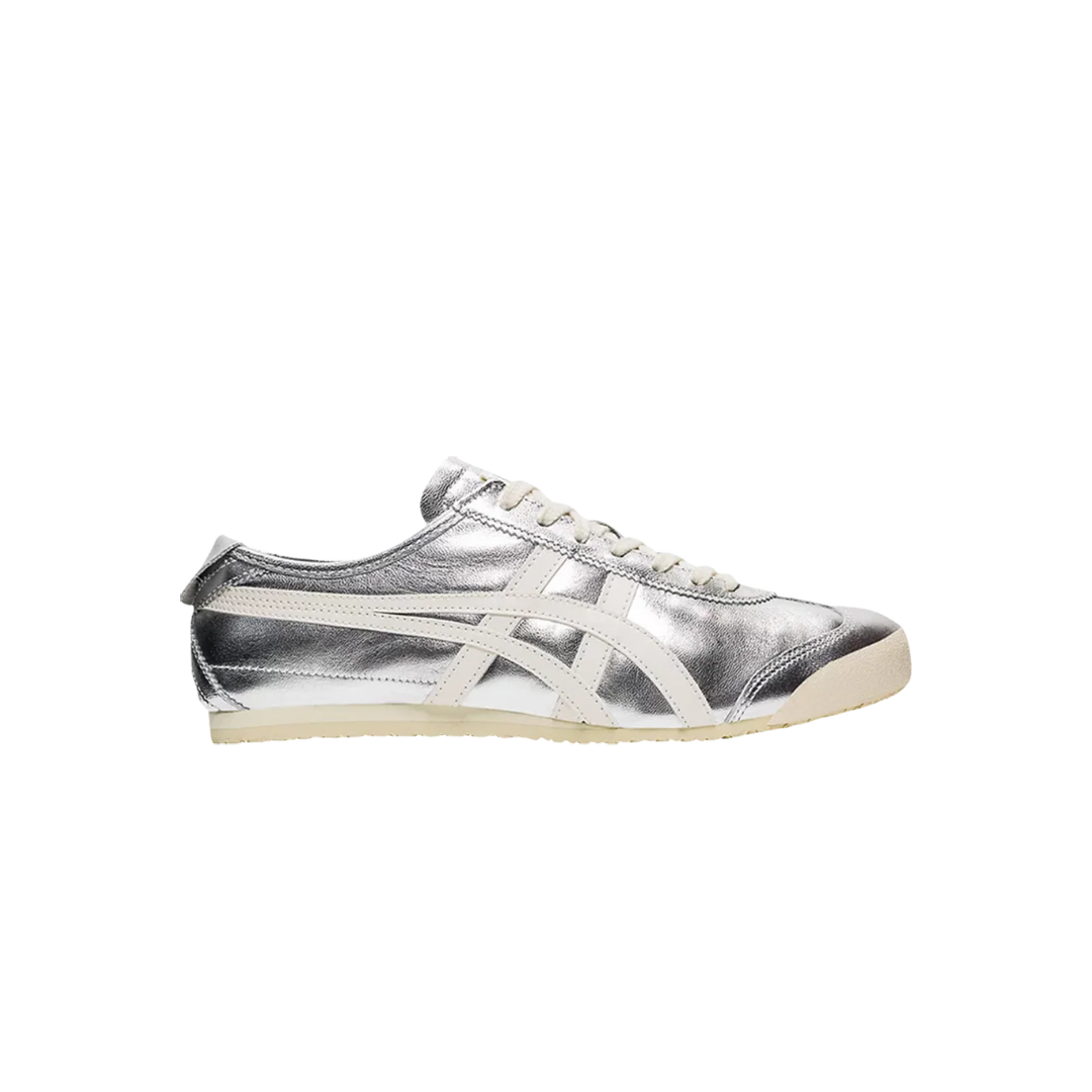 Onitsuka Tiger Mexico 66 Silver Off White – classic unisex sneakers, silver and off-white leather upper, iconic tiger stripe design, vintage-inspired running shoes, cushioned sole, durable rubber outsole, casual lifestyle footwear