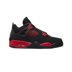 Air Jordan 4 Retro Red Thunder – unisex high-top sneakers with black nubuck upper and bold red accents, mesh underlays, TPU wing eyelets, visible Air-Sole unit, Jumpman logos on tongue and heel, aggressive streetwear basketball silhouette