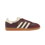 Adidas Samba OG Maroon Gold Metallic – classic Adidas retro sneakers, maroon leather upper with gold metallic accents, vintage indoor soccer silhouette, lifestyle streetwear shoes