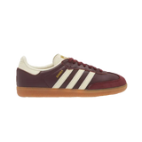 Adidas Samba OG Maroon Gold Metallic – classic Adidas retro sneakers, maroon leather upper with gold metallic accents, vintage indoor soccer silhouette, lifestyle streetwear shoes