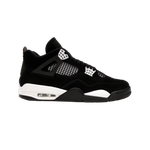 Air Jordan 4 Retro White Thunder – unisex high-top sneakers in premium black nubuck with contrasting white accents, mesh side panels, TPU wing eyelets, Jumpman branding on tongue and heel, visible Air-Sole unit, bold reinterpretation of classic Jordan 4 silhouette for streetwear and basketball