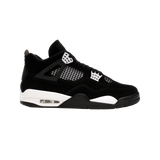 Air Jordan 4 Retro White Thunder – unisex high-top sneakers in premium black nubuck with contrasting white accents, mesh side panels, TPU wing eyelets, Jumpman branding on tongue and heel, visible Air-Sole unit, bold reinterpretation of classic Jordan 4 silhouette for streetwear and basketball
