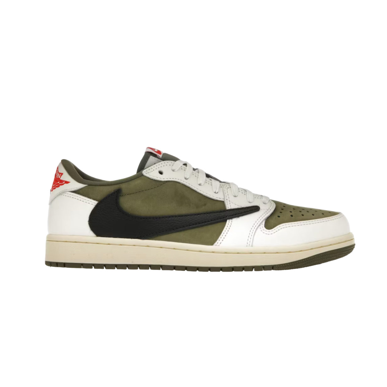 Air Jordan 1 Retro Low OG SP Travis Scott Medium Olive – limited edition Nike sneaker with reverse Swoosh, Travis Scott collaboration, olive green and black colorway, hyped streetwear shoes