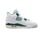 Air Jordan 4 Retro Oxidized Green – unisex high-top sneakers in white leather with oxidized green accents, mesh side panels, visible Air unit in sole, signature Jumpman branding, classic basketball silhouette reimagined in clean colorway, lifestyle and performance shoe